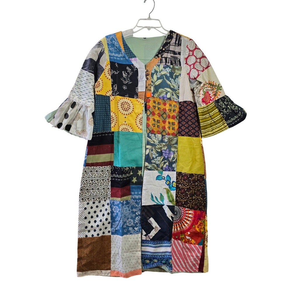 Patchwork Sewn Cotton Duster Jacket India Boho Festival Bell Sleeve L Kathmandu